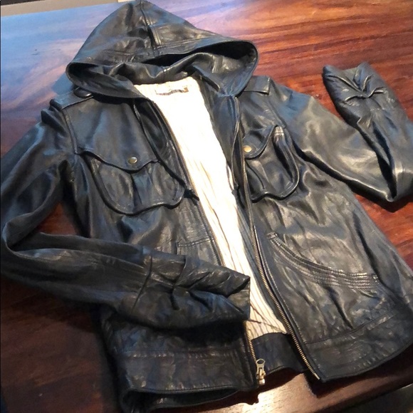 Dark navy hooded leather jacket - Picture 1 of 5